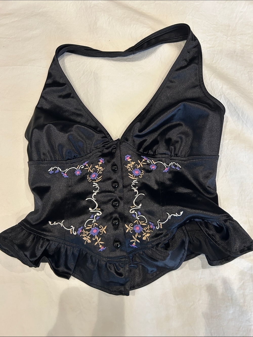 Urban Outfitters “Kimchi Blue” Black Embroidered Satin Halter Top